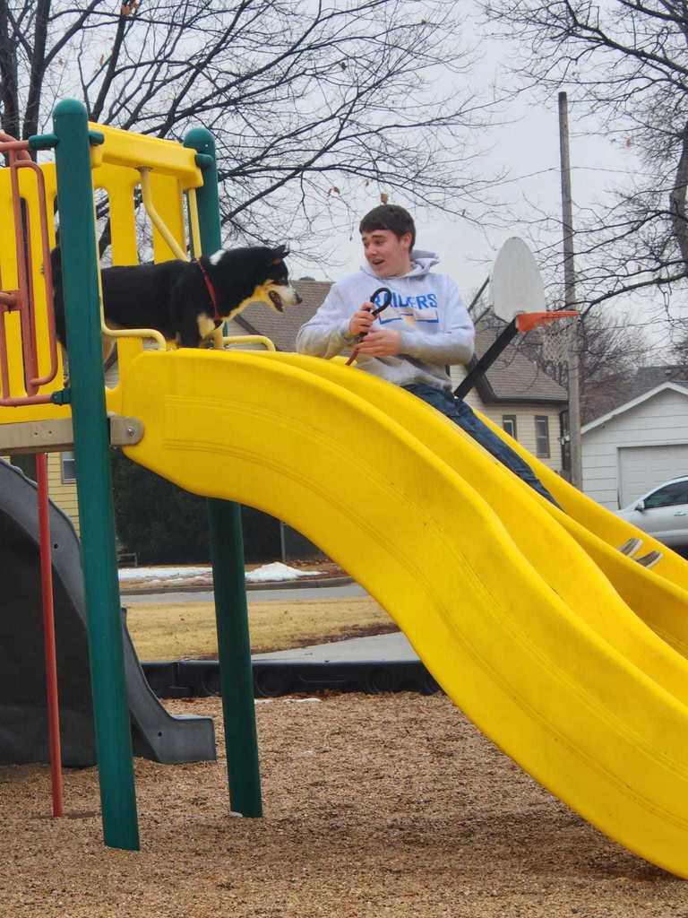 Boy and dog on a slide